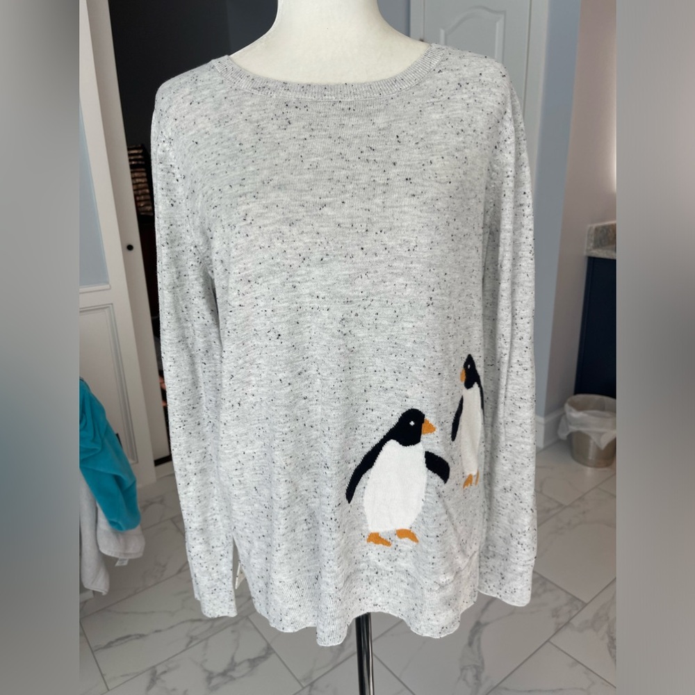 Loft outlets lightweight grey sweater with penguins, size large.